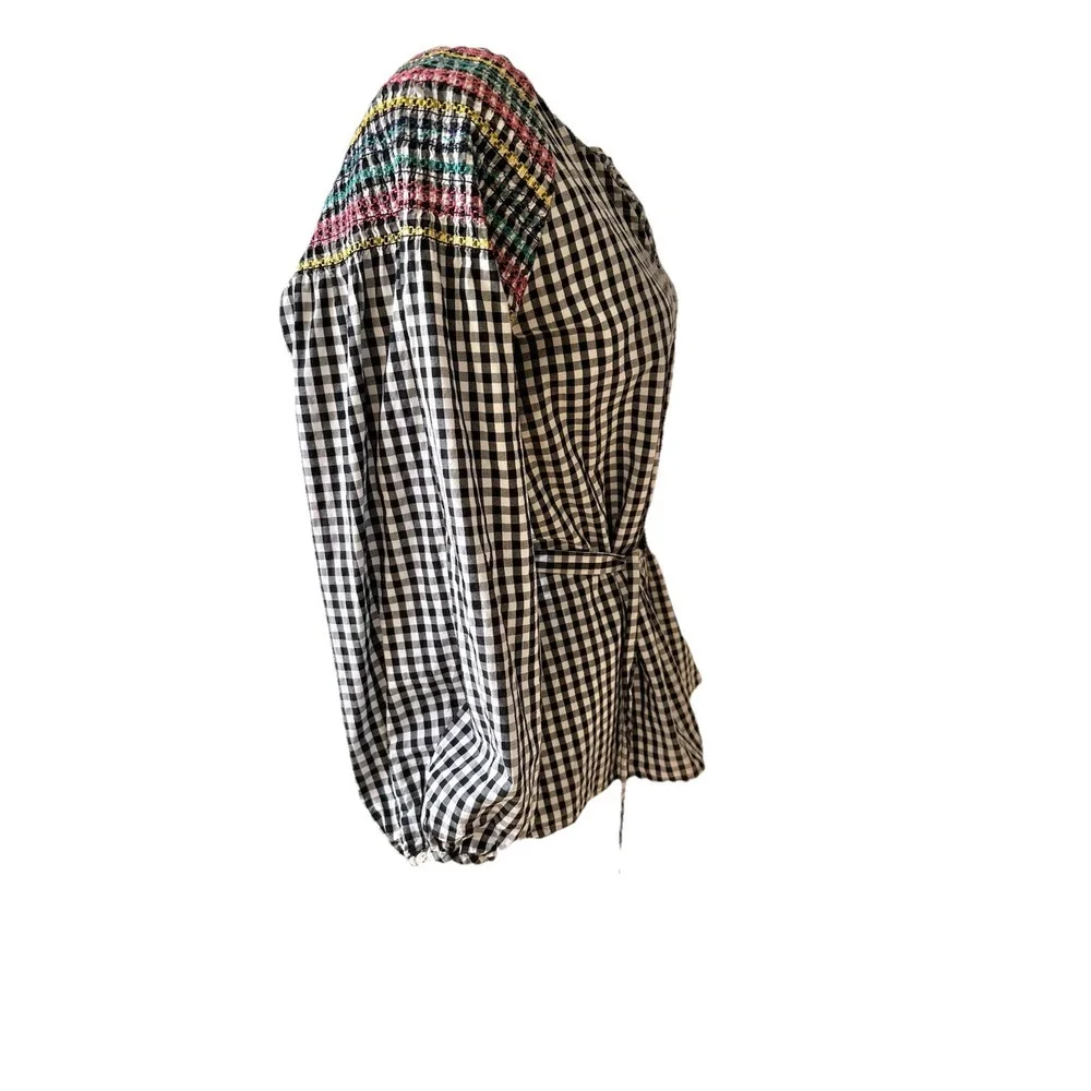 Madewell Embroidered Gingham Top Tassel Tie Peasant Puff Sleeve Plaid SZ Med